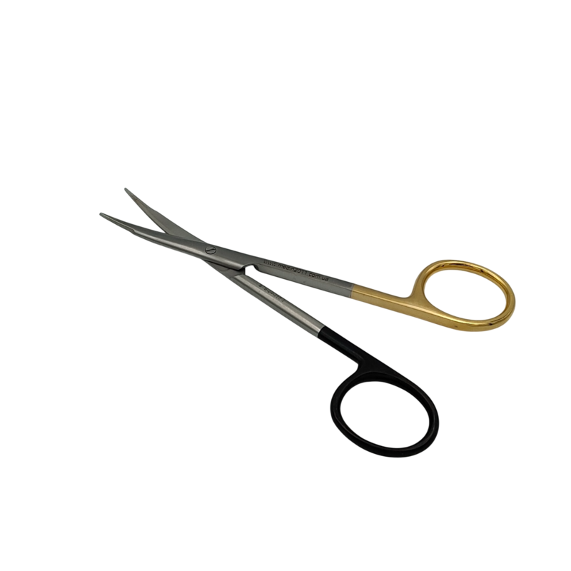 Ножиці офтальмологічні Стівенса, зігнуті, твердосплавна вставка з карбіду вольфрама, з покриттям ручок карбідом титана (жовтого кольору), гострокінцеві, 110 мм